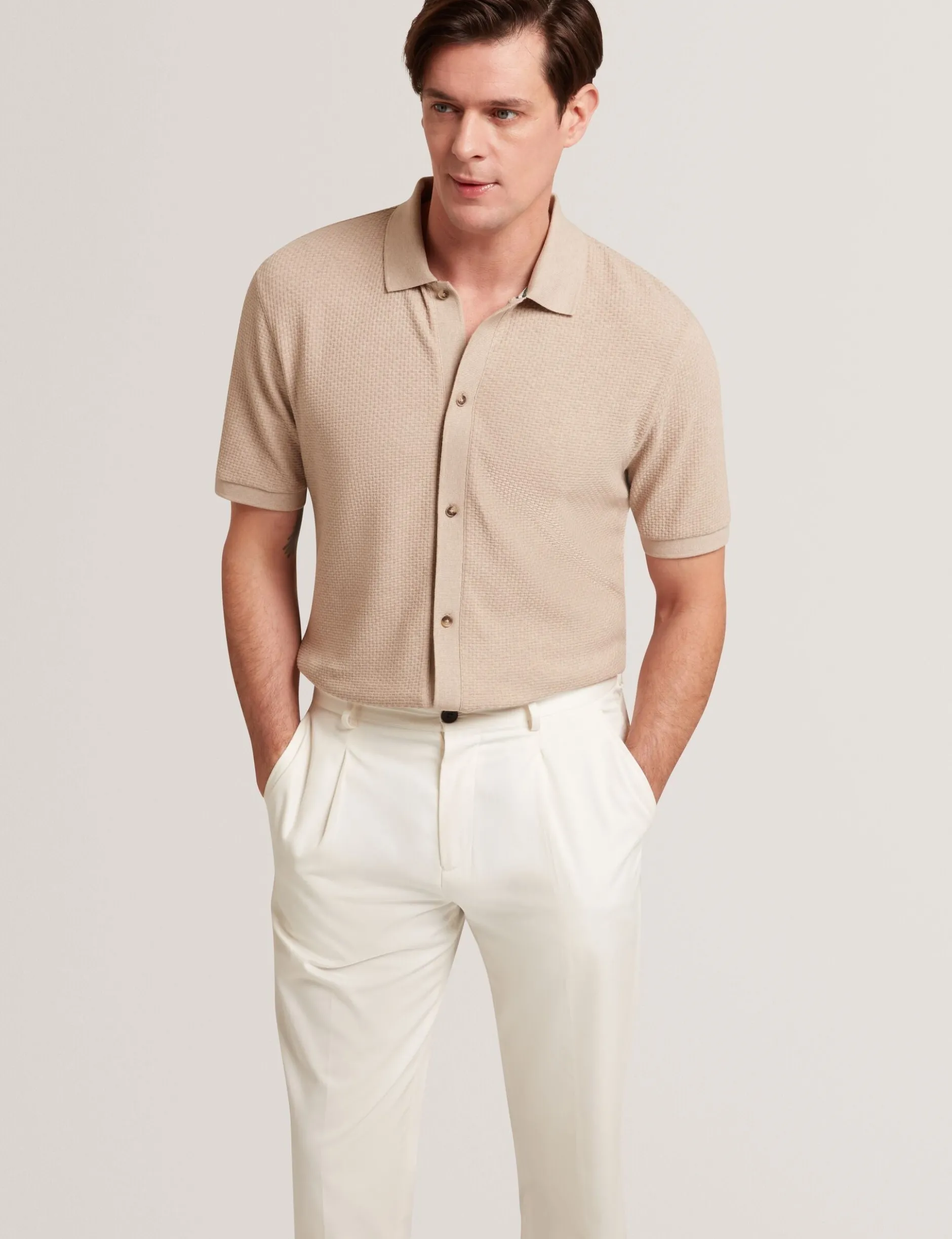 Textured Knit Button-Through Polo Shirt