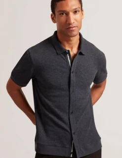 Textured Knit Button-Through Polo Shirt