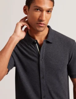 Textured Knit Button-Through Polo Shirt