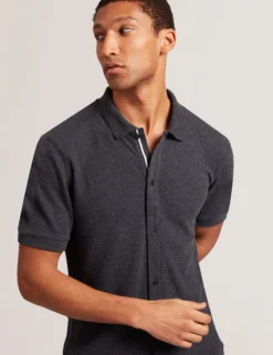Textured Knit Button-Through Polo Shirt