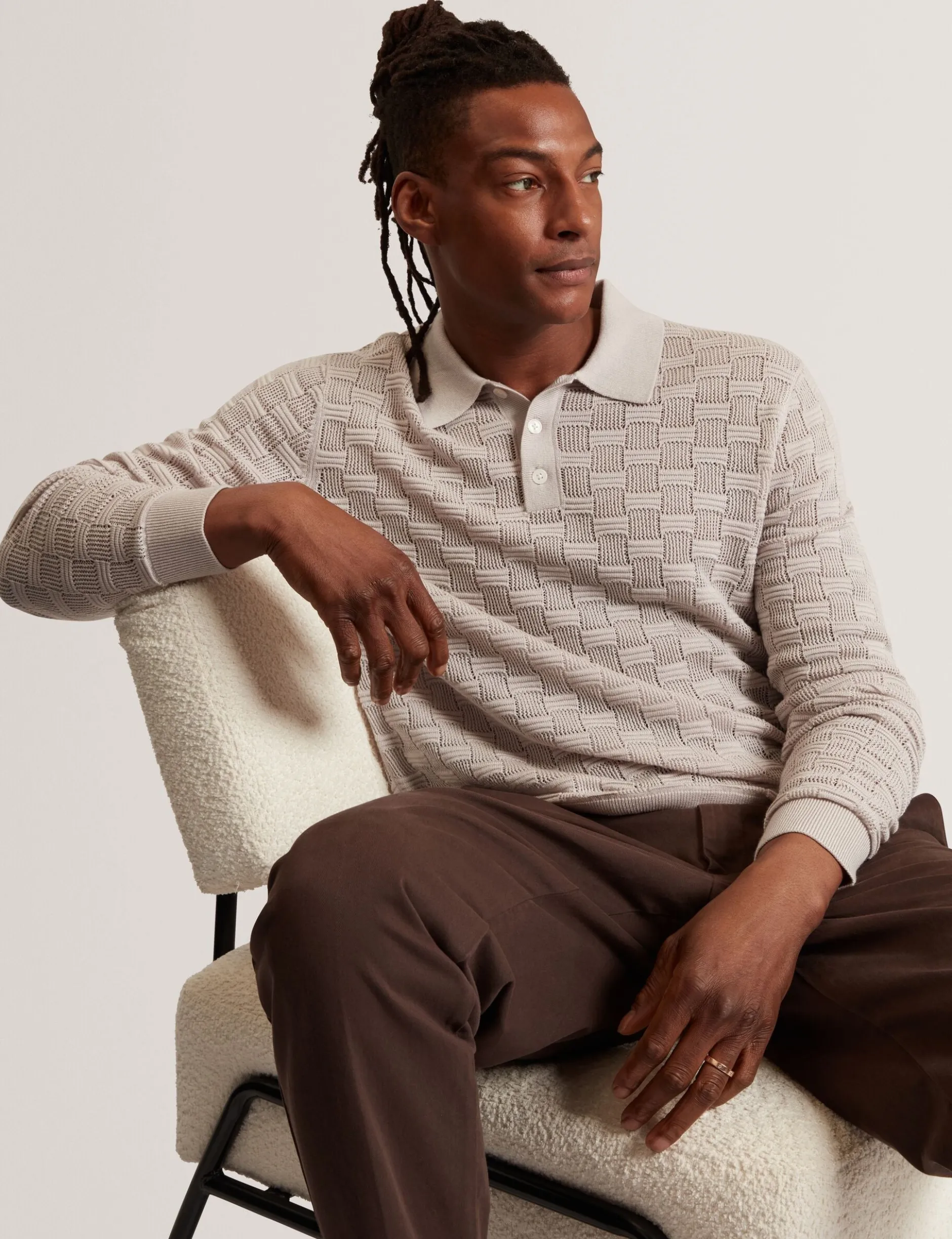 Textured Silk Blend Long Sleeve Polo