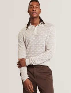 Textured Silk Blend Long Sleeve Polo