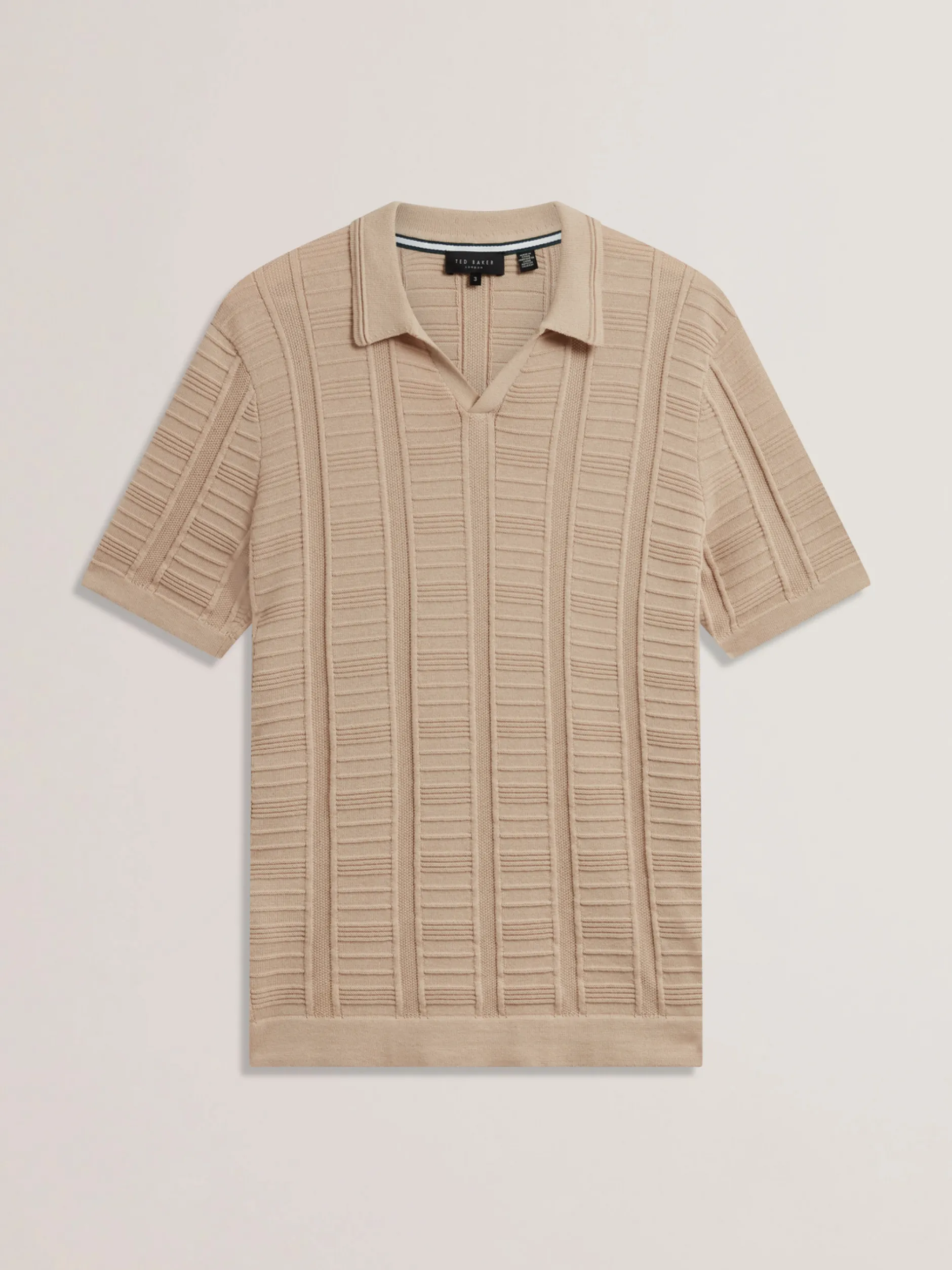 Textured Stripe Open Neck Knitted Polo Shirt