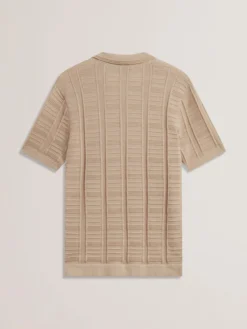 Textured Stripe Open Neck Knitted Polo Shirt