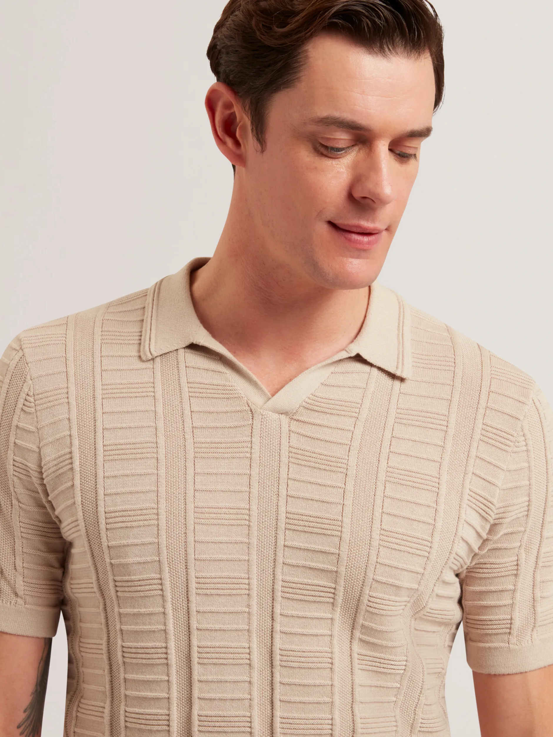 Textured Stripe Open Neck Knitted Polo Shirt