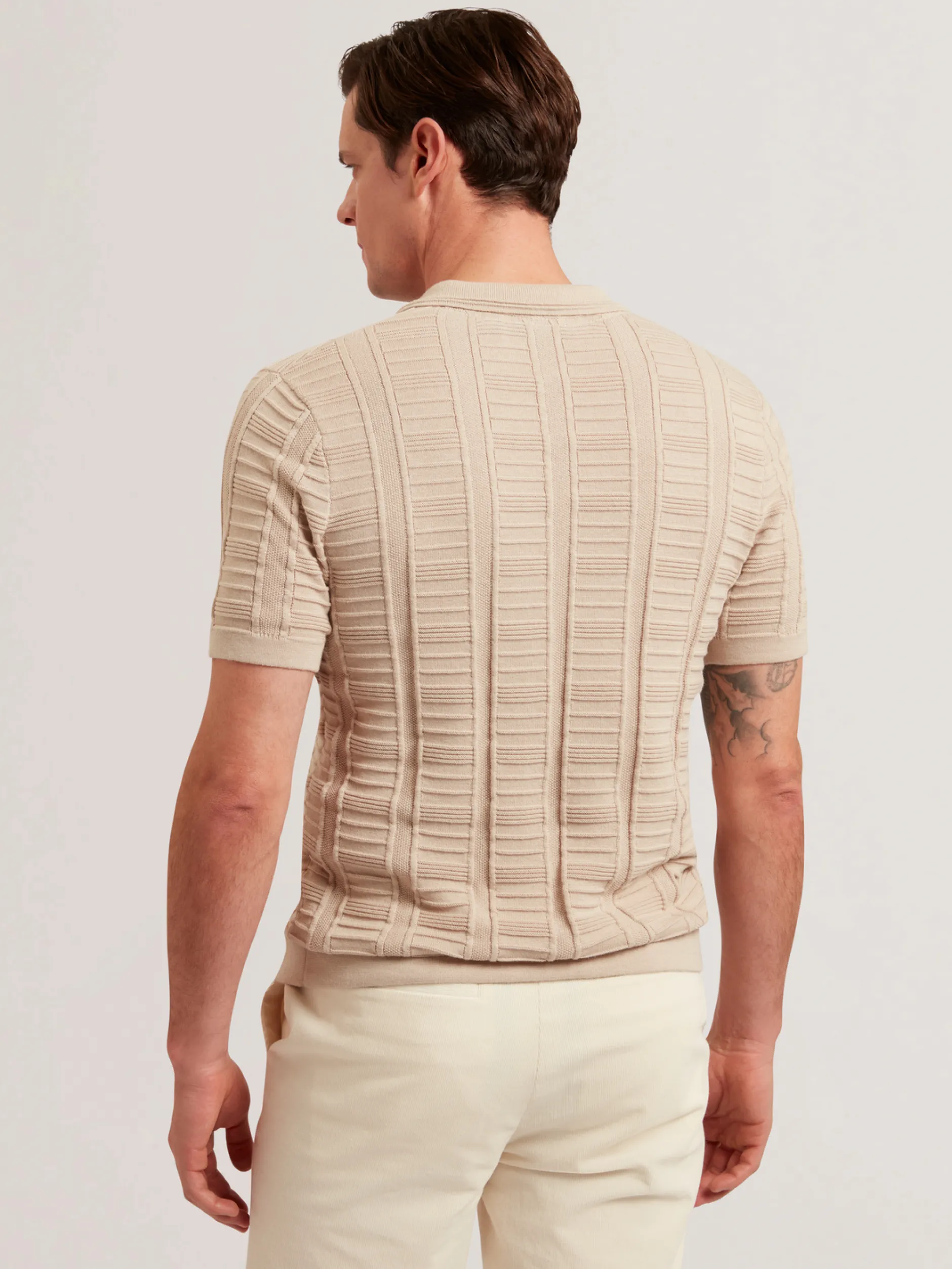 Textured Stripe Open Neck Knitted Polo Shirt