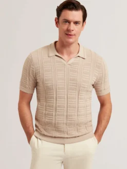 Textured Stripe Open Neck Knitted Polo Shirt