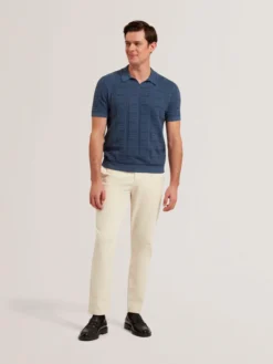 Textured Stripe Open Neck Knitted Polo Shirt