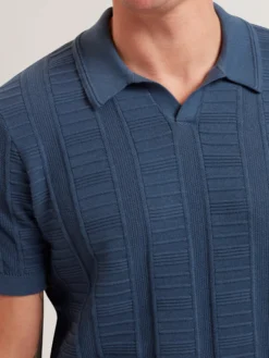 Textured Stripe Open Neck Knitted Polo Shirt