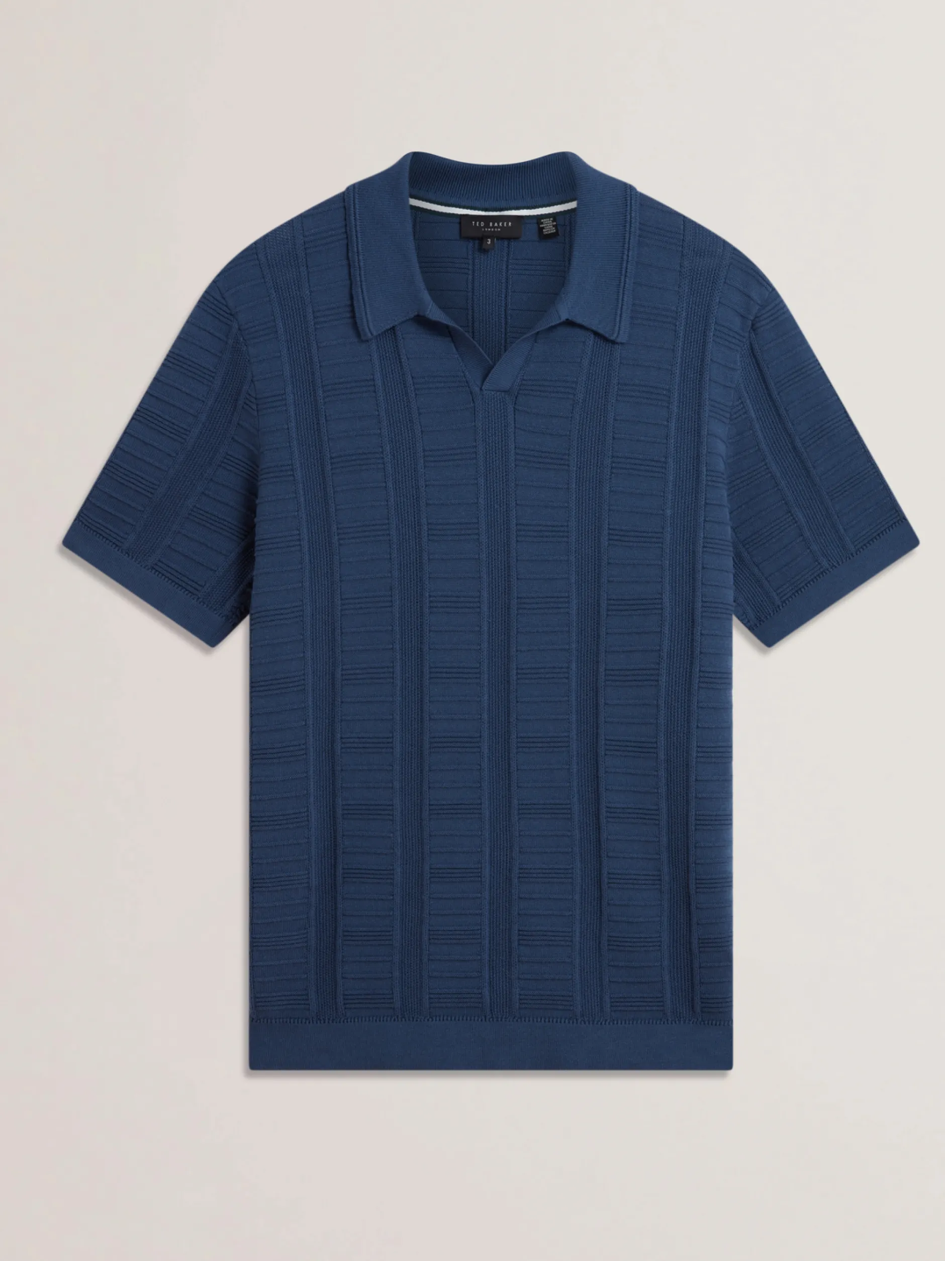Textured Stripe Open Neck Knitted Polo Shirt