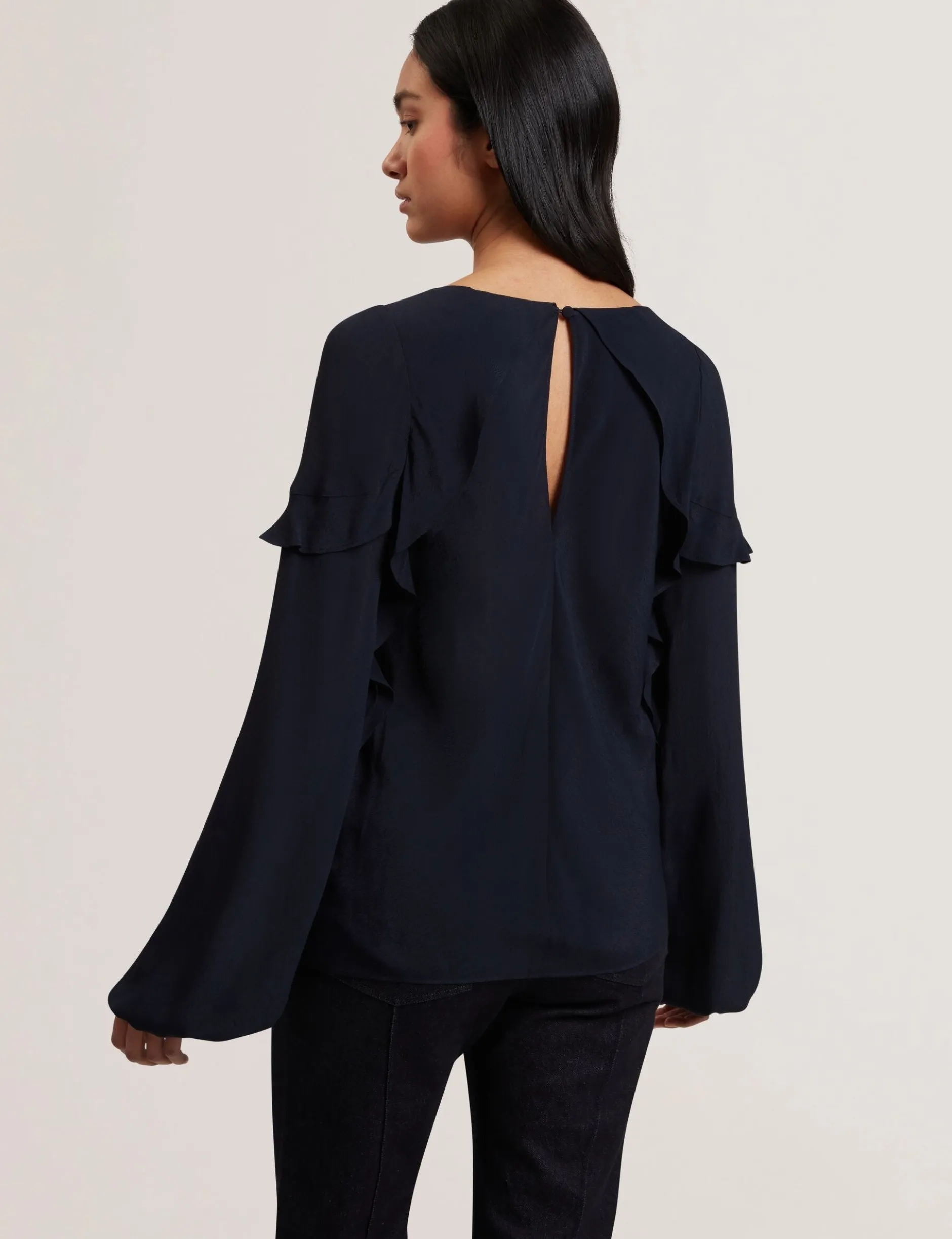 Waterfall Ruffle Trim Long Sleeve Blouse