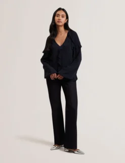 Waterfall Ruffle Trim Long Sleeve Blouse