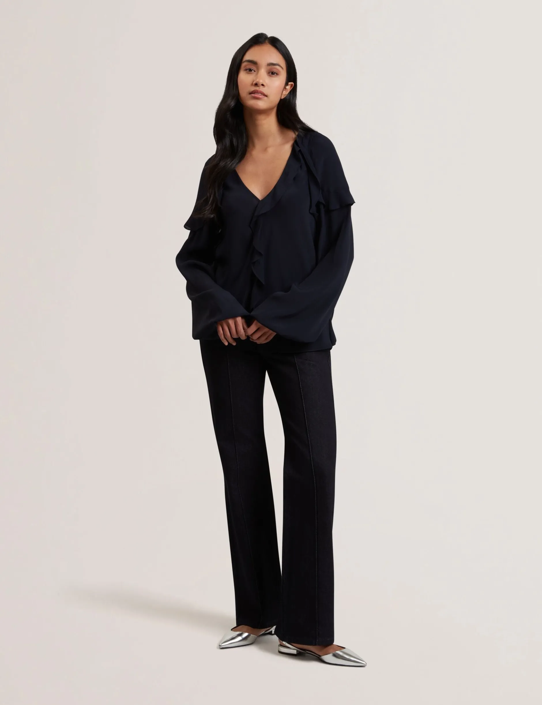 Waterfall Ruffle Trim Long Sleeve Blouse