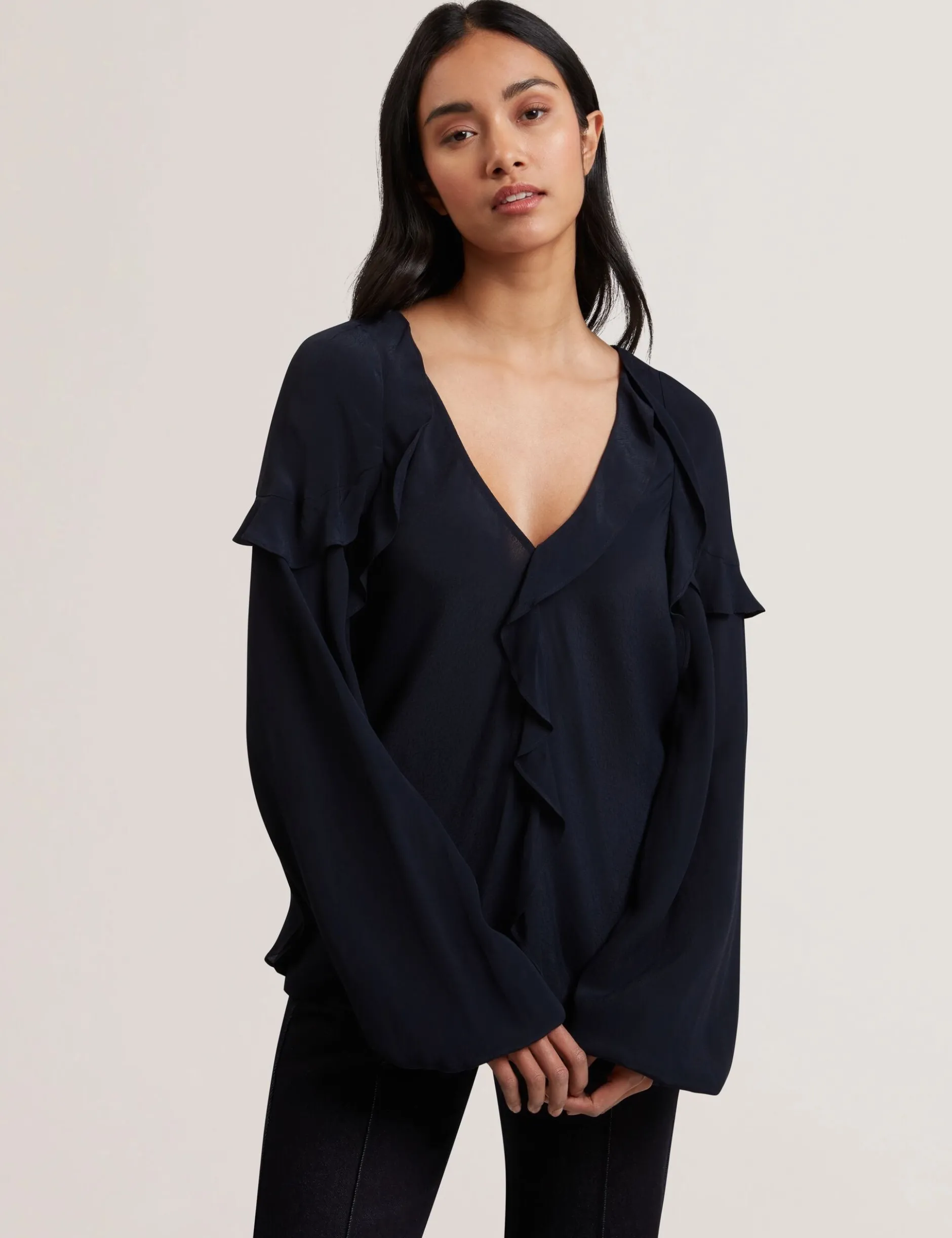 Waterfall Ruffle Trim Long Sleeve Blouse
