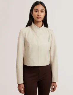 Wrap Front Cropped Leather Jacket